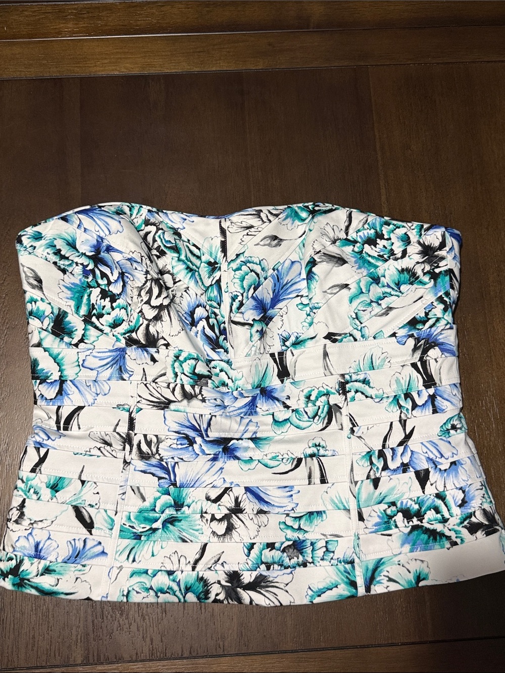 WHBM Strapless Floral Bustier Top in White with Blue-Green Floral Print